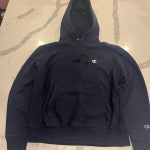 Champion Navy Blue Pullover Hoodie with Small Logo Faded Y2K 90’s